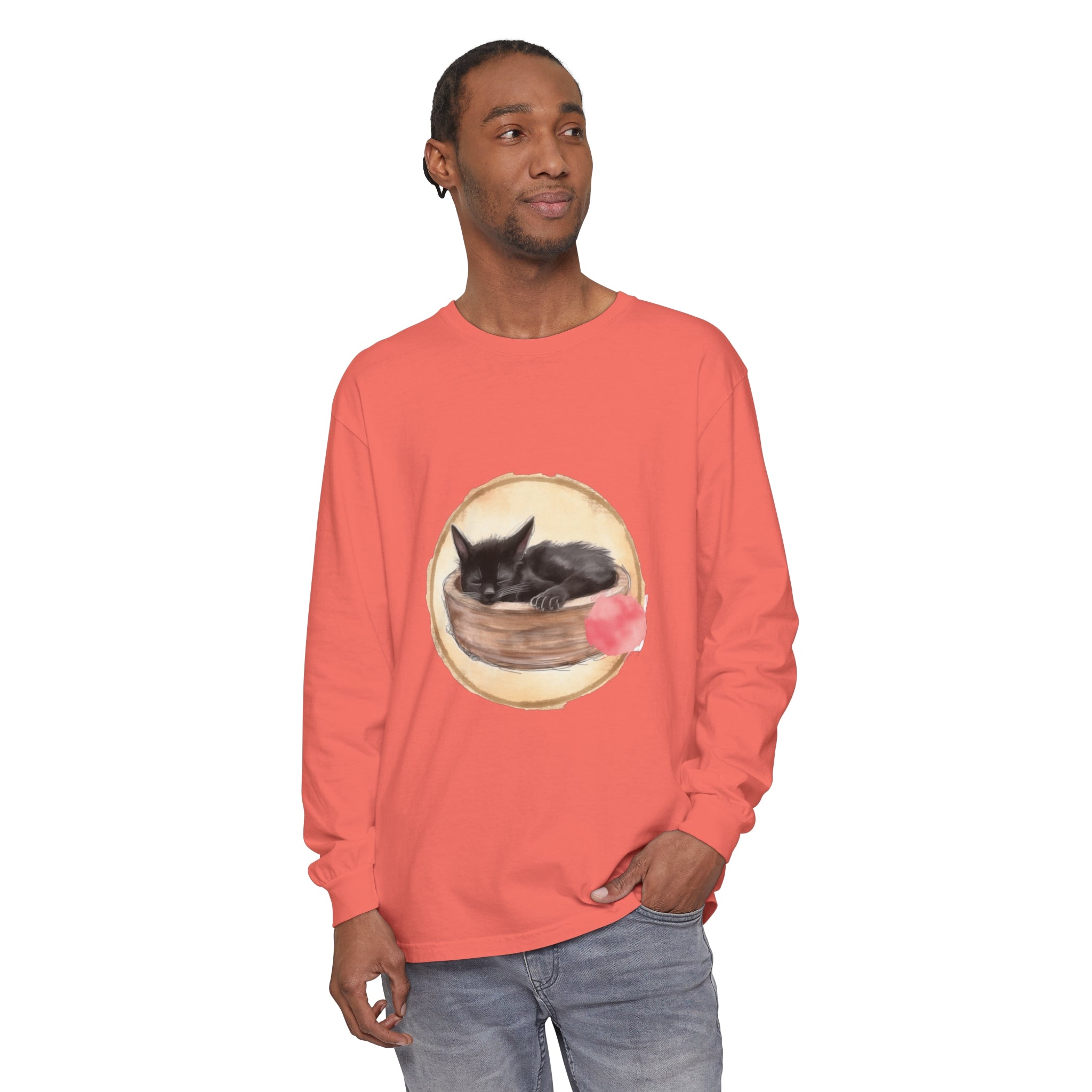 Watercolor illustration of a sleeping cat in a bowl on a long sleeve t-shirt