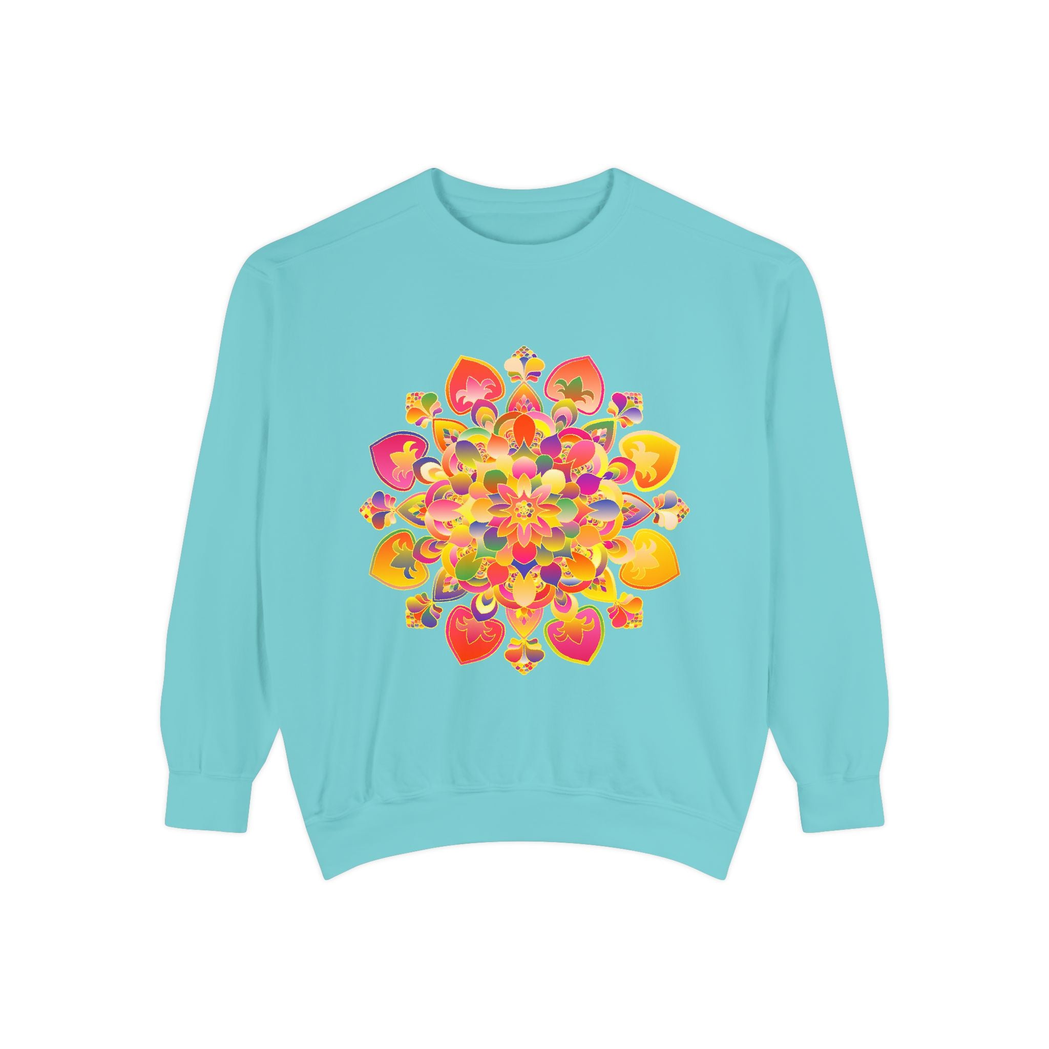 Eye-catching and detailed mandala design on a vibrant sweatshirt