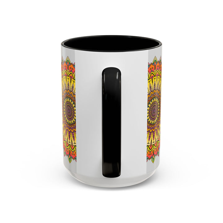 Beautiful and vibrant mandala design on a grey coffee mug