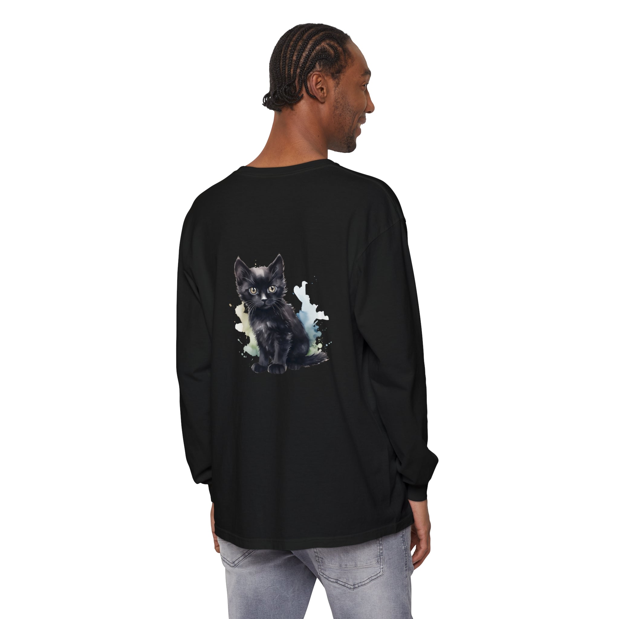 Black watercolor illustration of a cute kitten on a long sleeve t-shirt