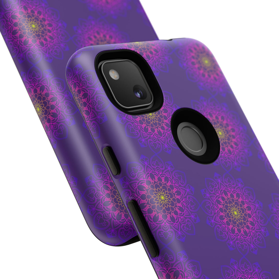 Intricate Purple Floral iPhone Case with Bold Mandala Design