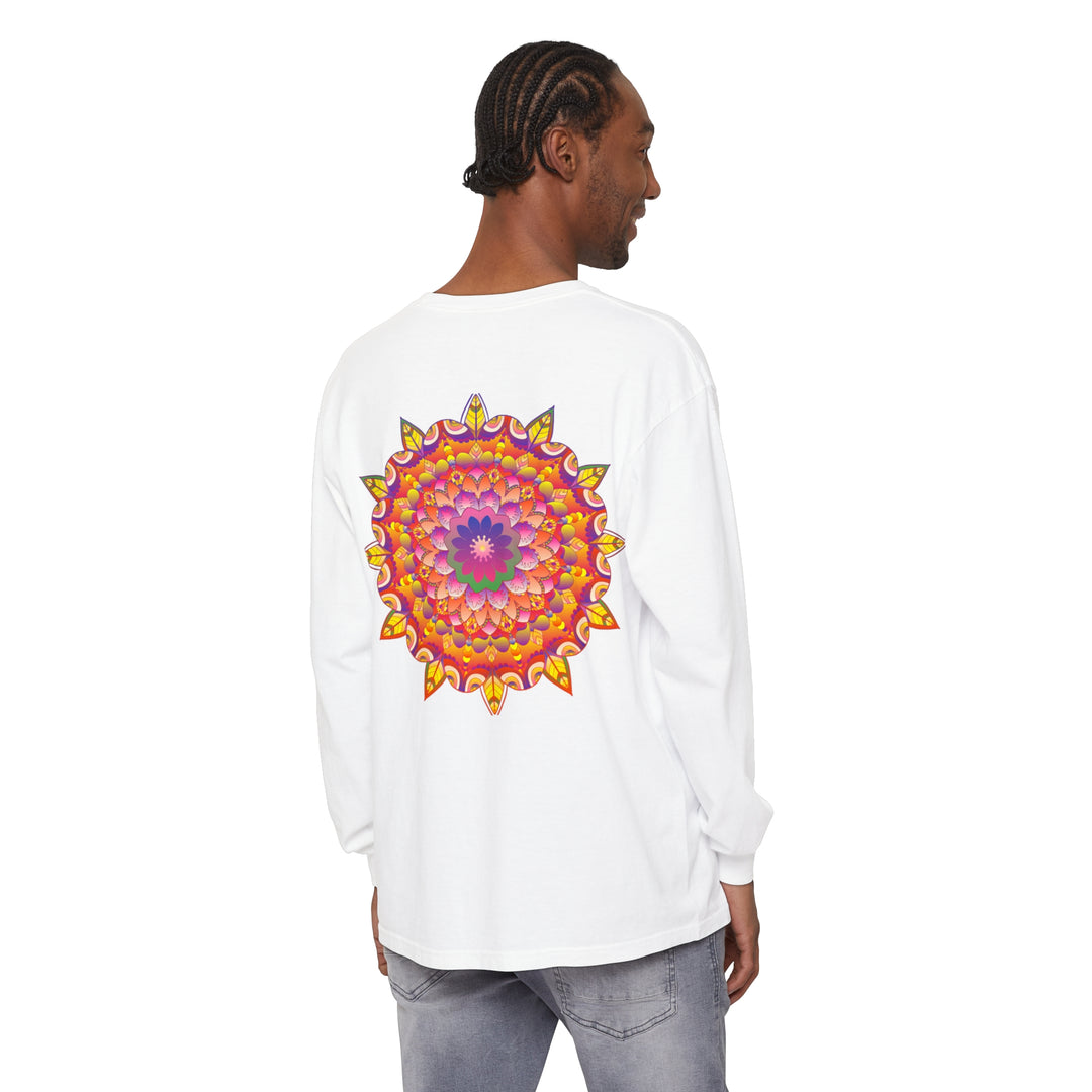 Colorful and intricate mandala design on a unisex long sleeve t-shirt