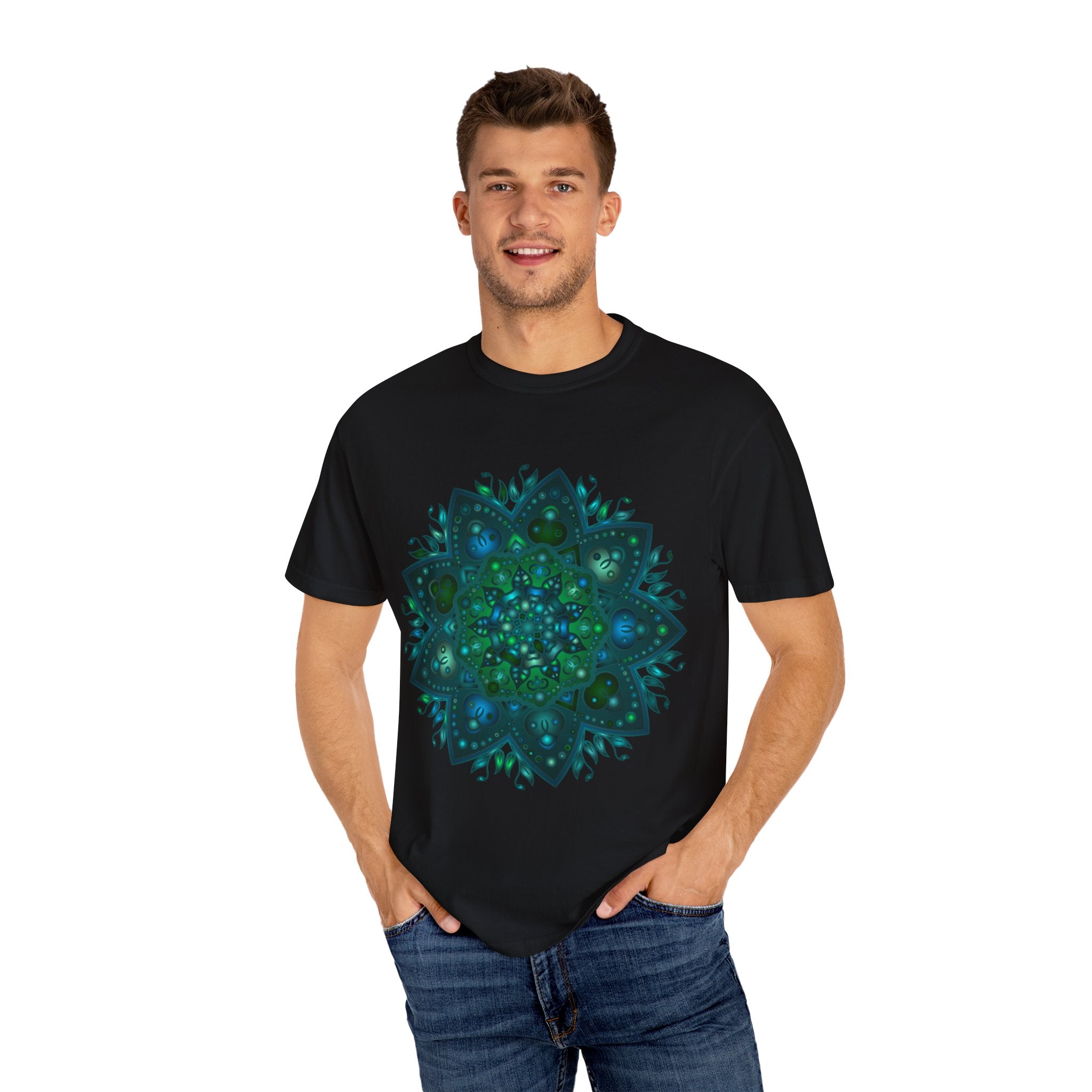 Colorful hand-drawn unisex intricate mandala design t-shirt, perfect for casual wear