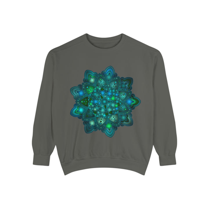 A close-up image of a comfortable and stylish blue and green mandala sweatshirt with intricate and detailed patterns