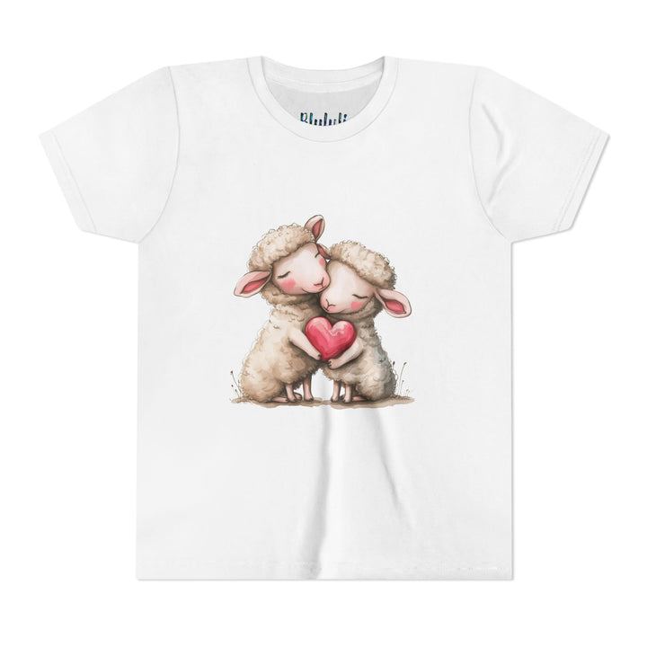 Jugend-T-Shirt – Cartoon-Schafe, die ein Herz umarmen, süßes und schönes Design 
