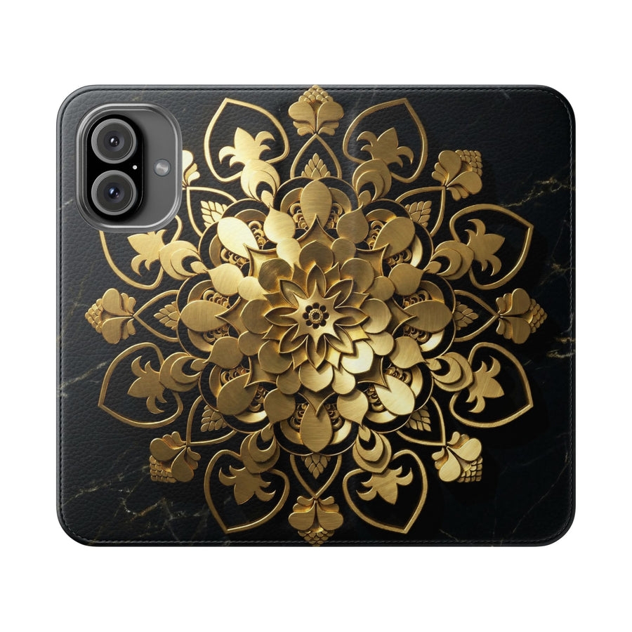 Goldene Mandala-Klapphülle – Luxuriöses Blumen-Portemonnaie-Cover