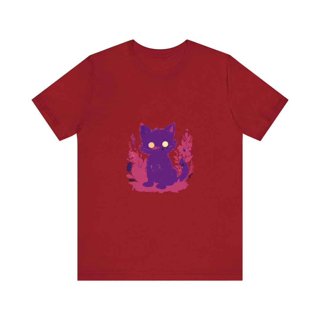 Adorable purple cat in a whimsical design, printed on a comfortable t-shirt