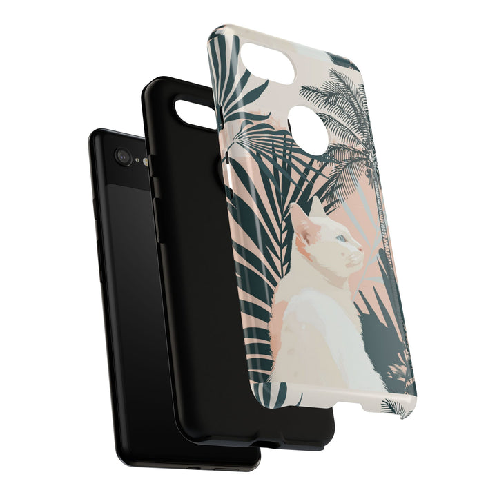 Tropische Katzen-Telefonhülle mit üppigen Palmenmotiven und sanften Pastelltönen