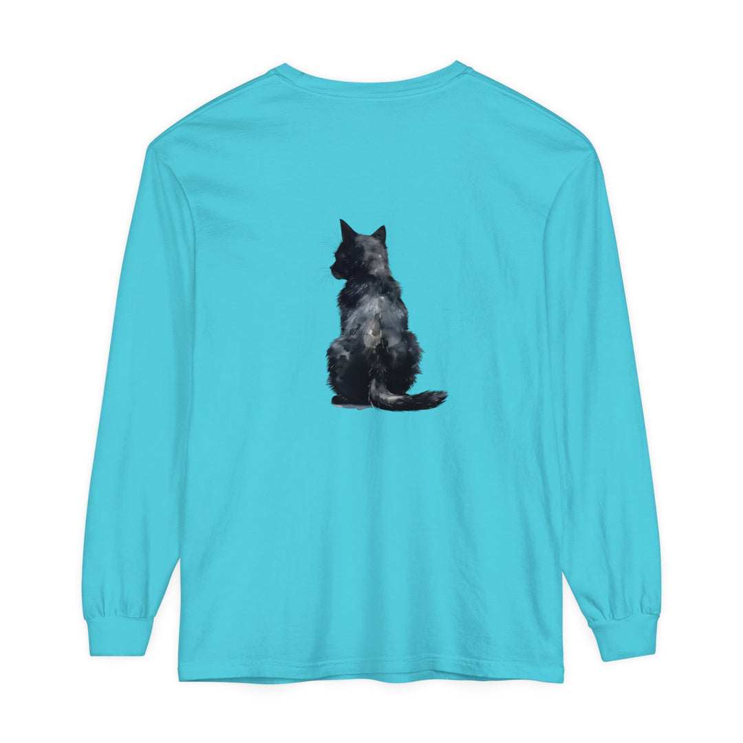 Black Cat Watercolor Long Sleeve T-Shirt, featuring a striking watercolor design of a black cat against a vibrant background