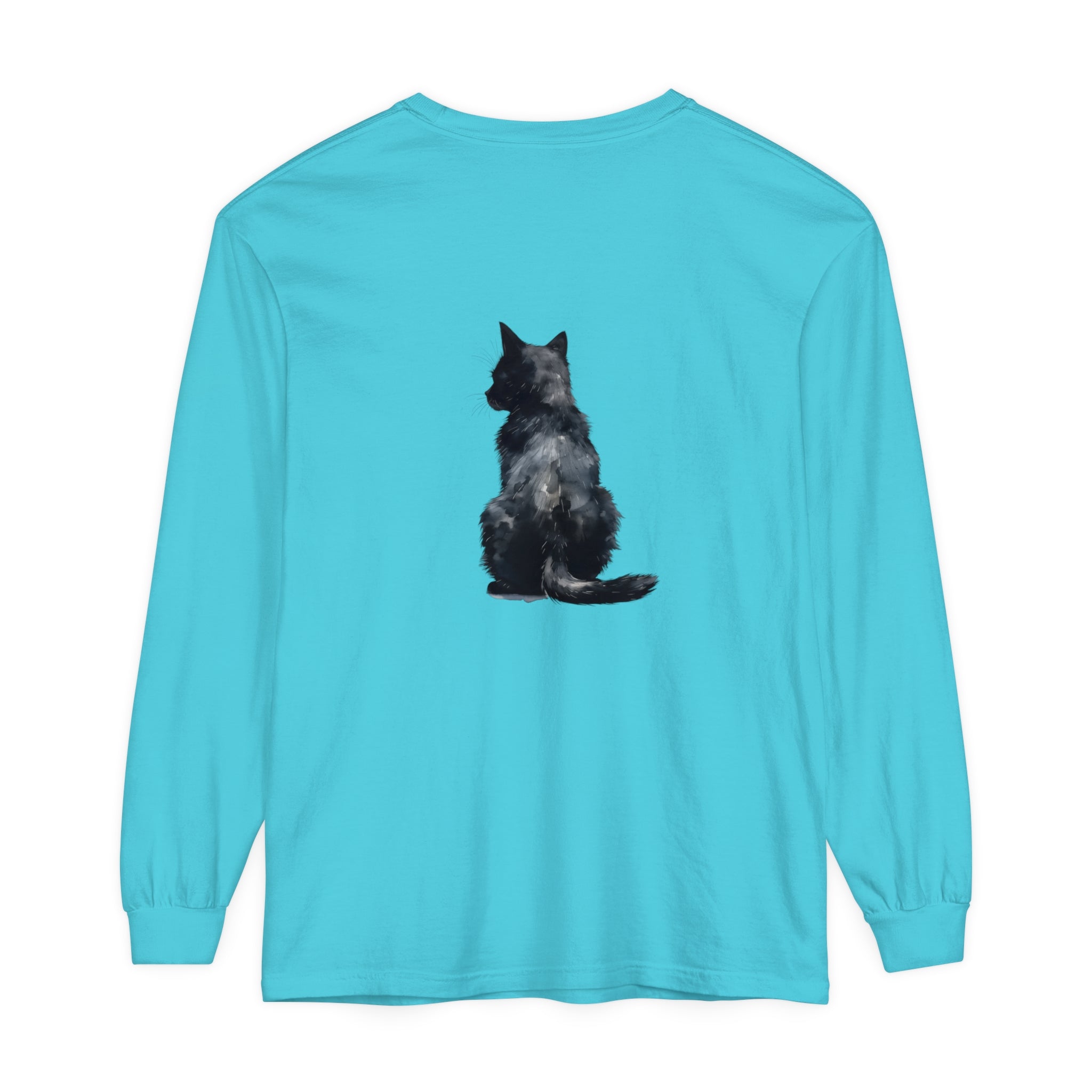 Black Cat Watercolor Long Sleeve T-Shirt, featuring a striking watercolor design of a black cat against a vibrant background
