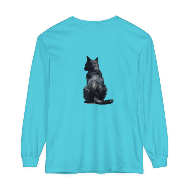 Black Cat Watercolor Long Sleeve T-Shirt, featuring a striking watercolor design of a black cat against a vibrant background