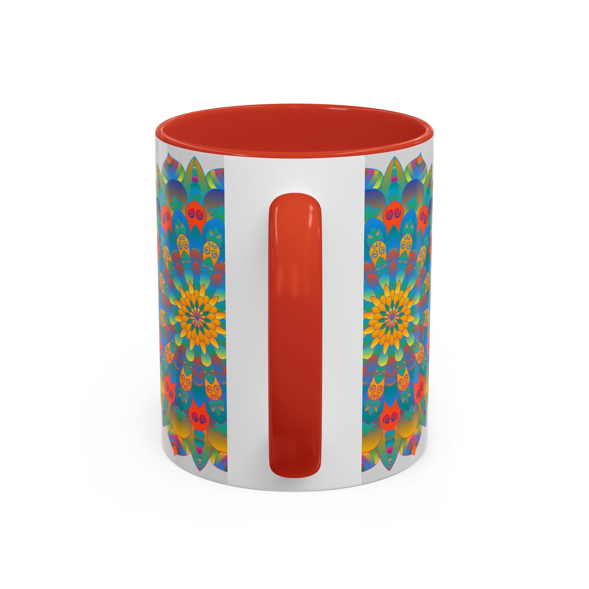 A vibrant yellow, orange, and blue Mandala Art Mug, perfect for enjoying your favorite hot beverages