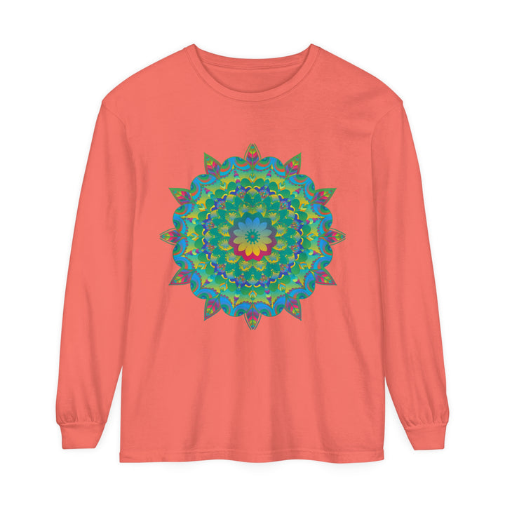 Vibrant and colorful long sleeve t-shirt featuring a psychedelic mandala design