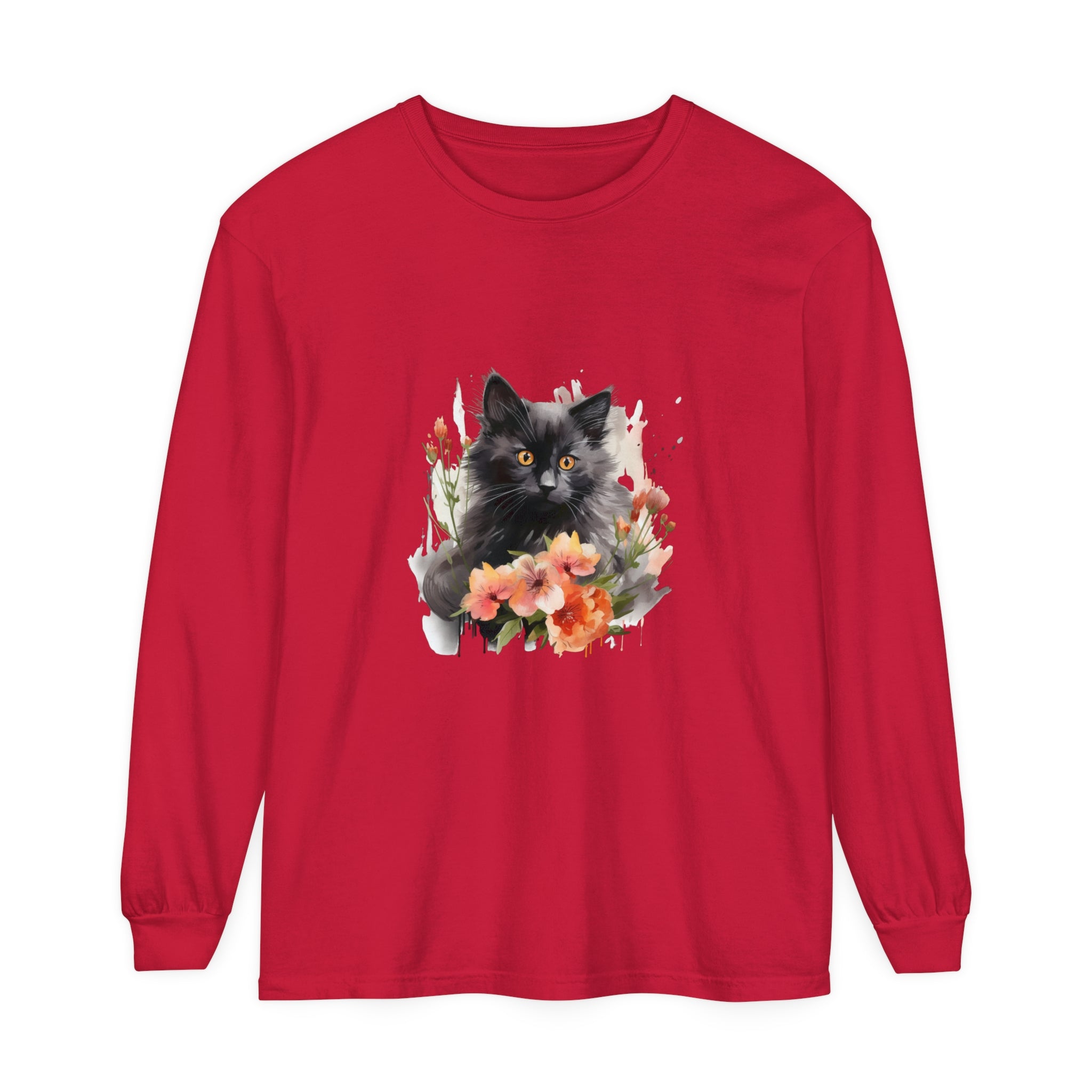 Black cat and colorful flowers watercolor design on white t-shirt