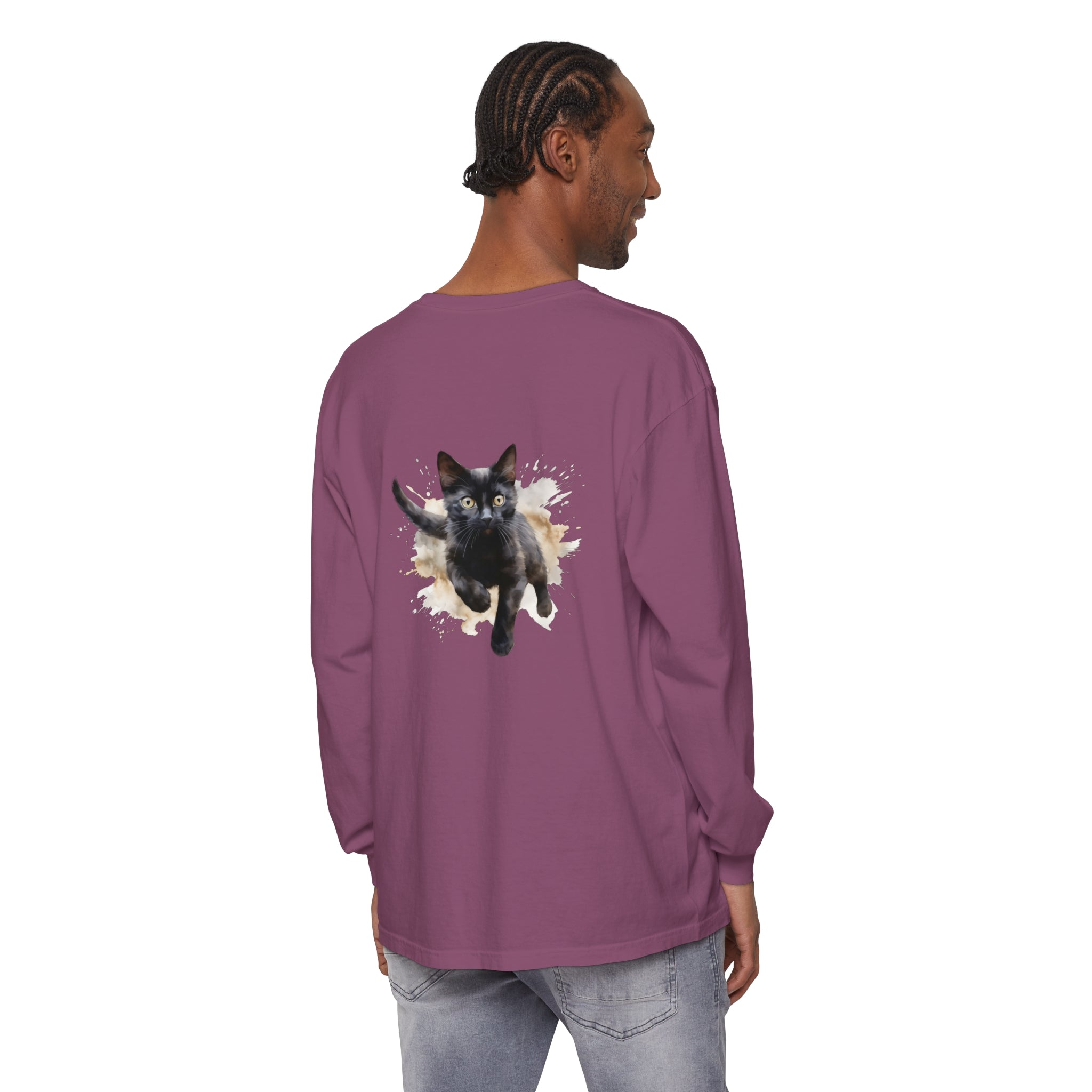 A black cat watercolor splash t-shirt featuring a vibrant feline design