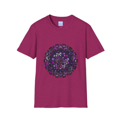 A softstyle unisex t-shirt featuring a hand-drawn purple mandala design