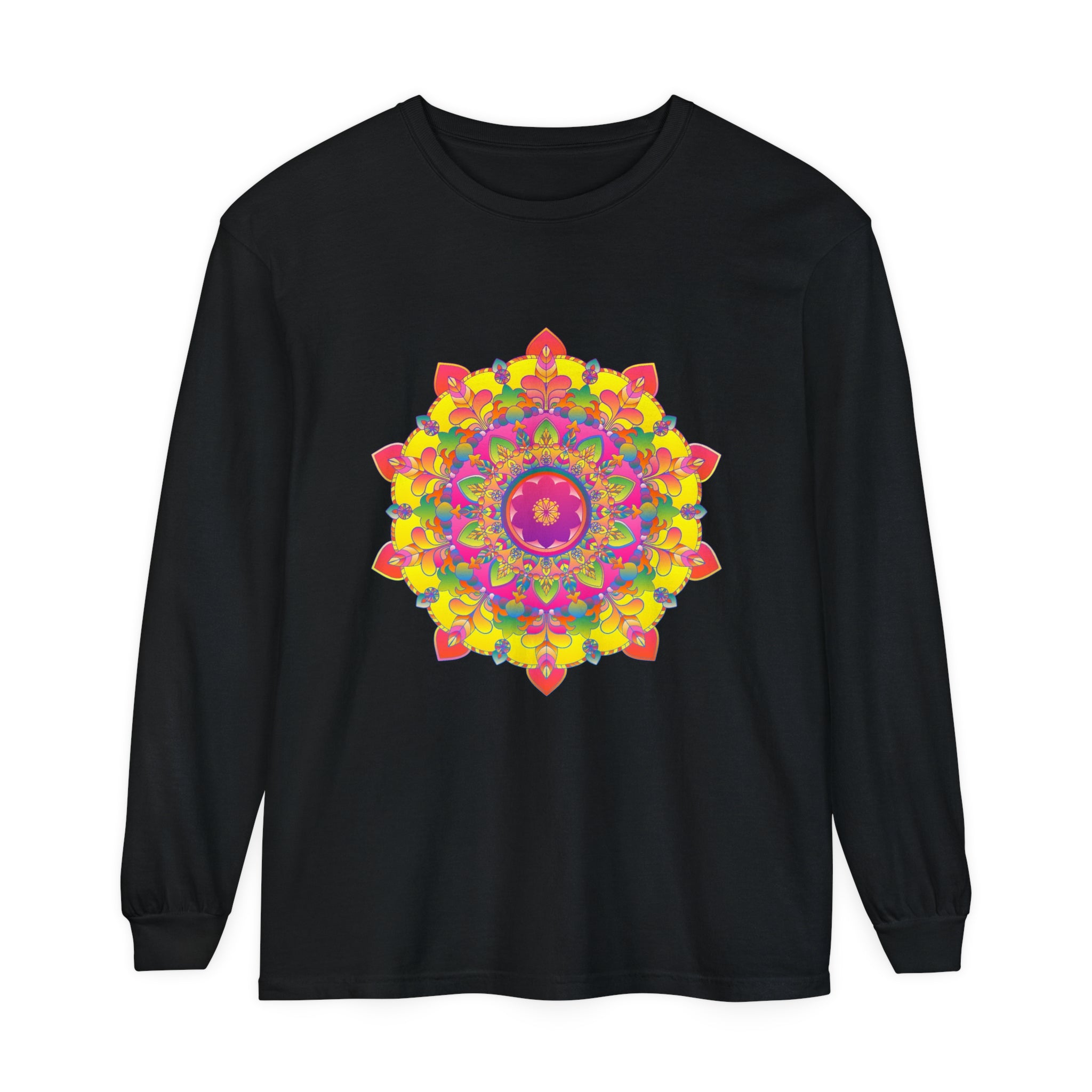 Colorful and intricate mandala design adorns the Vibrant Mandala Long Sleeve T-Shirt