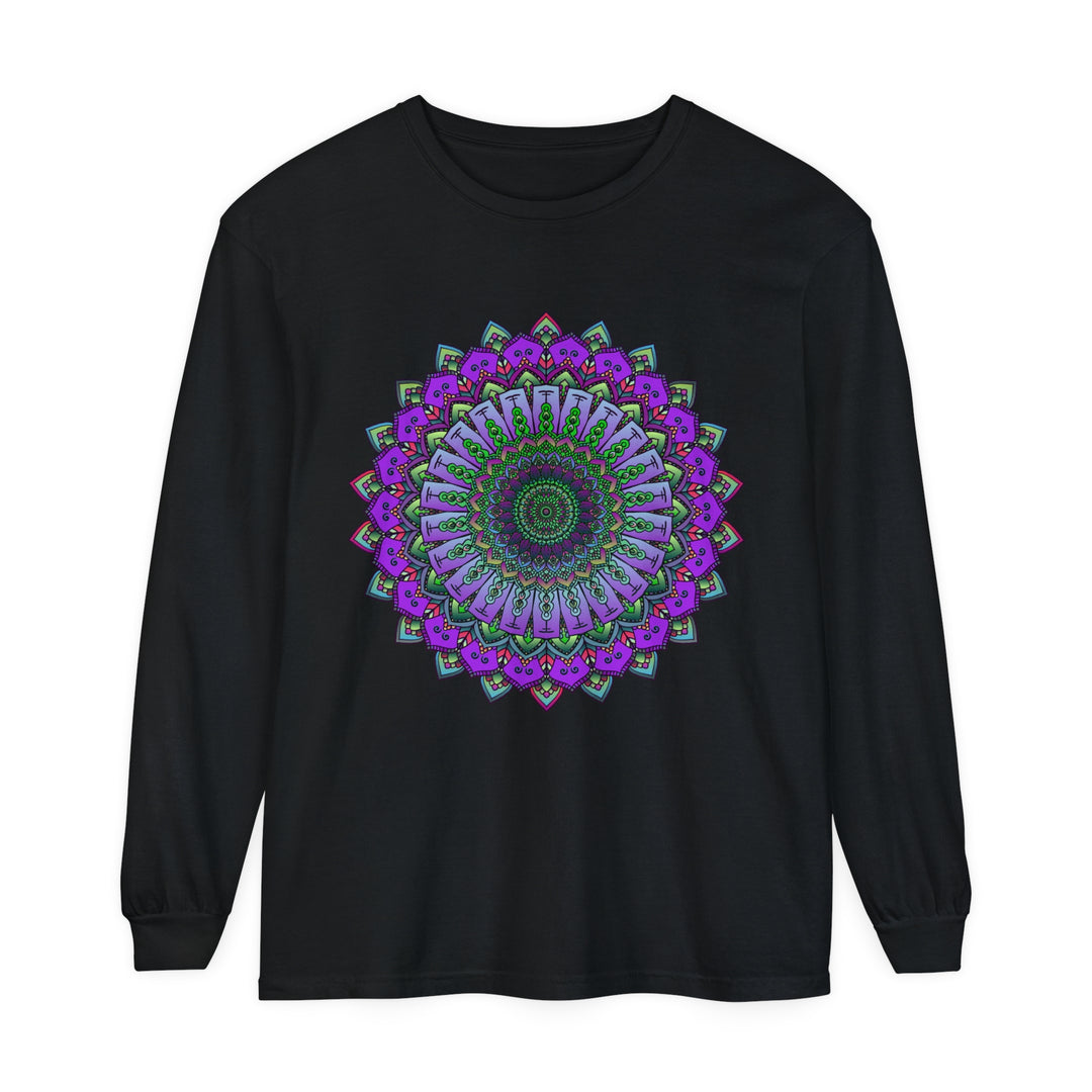 Intricate Mandala Unisex Long Sleeve T-Shirt featuring detailed mandala design on sleeves and front