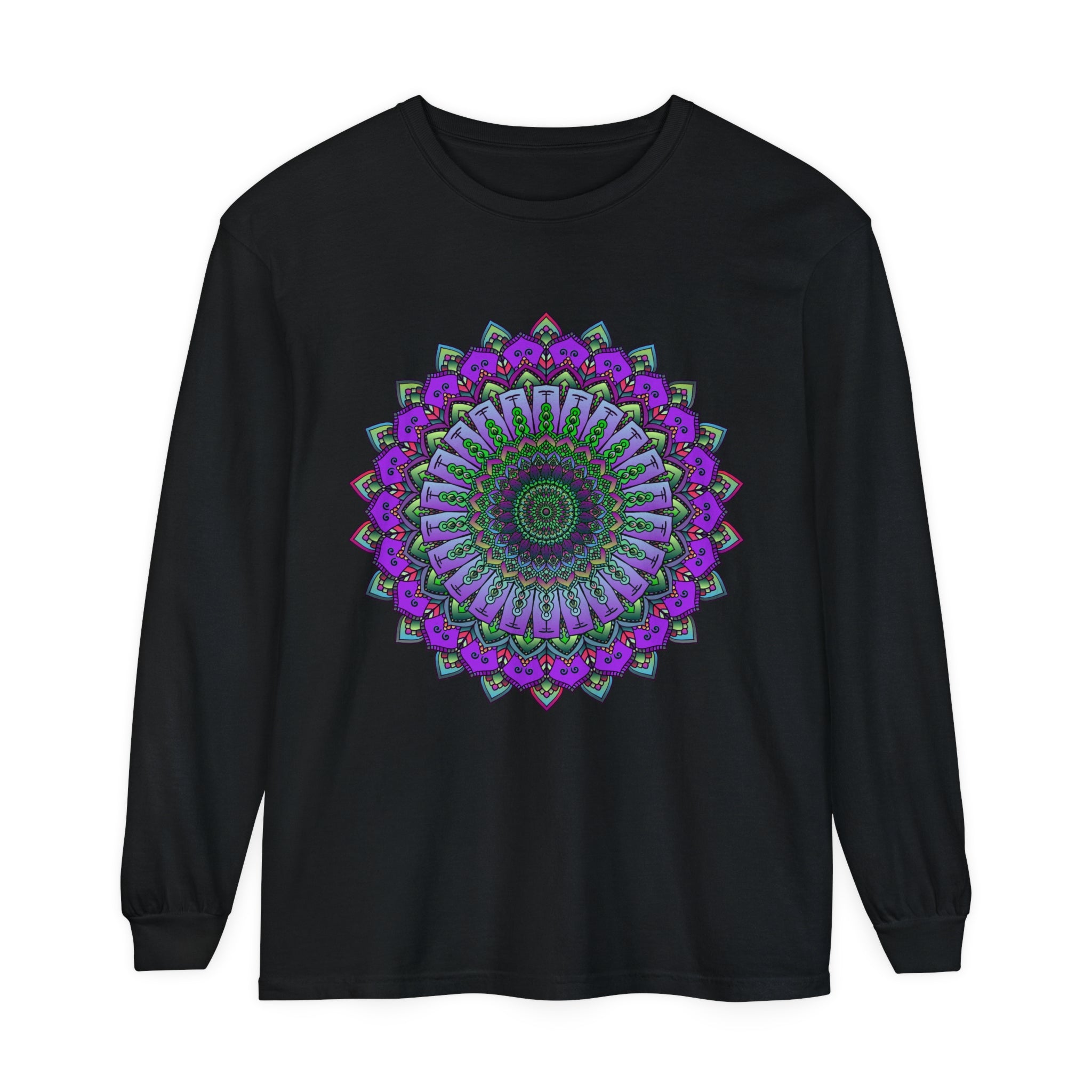 Intricate Mandala Unisex Long Sleeve T-Shirt featuring detailed mandala design on sleeves and front