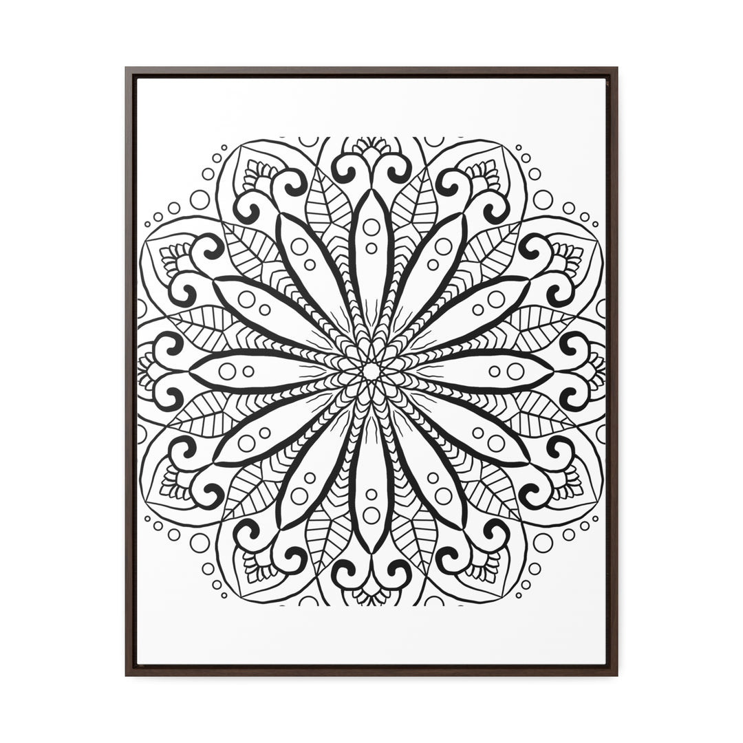 Beautiful black and white mandala handmade art on gallery canvas wraps, displayed in a vertical frame for elegant wall decor