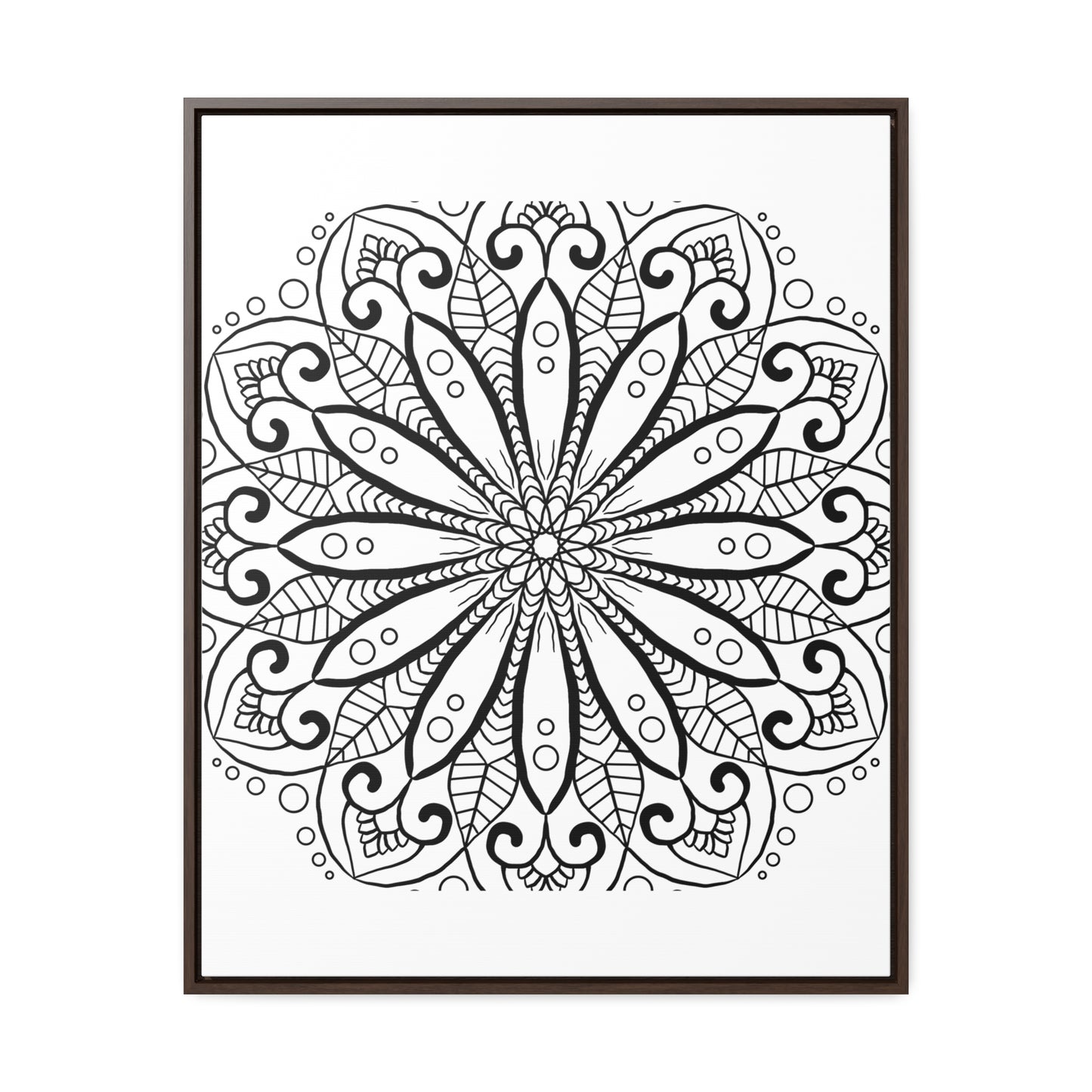 Beautiful black and white mandala handmade art on gallery canvas wraps, displayed in a vertical frame for elegant wall decor