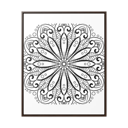 Beautiful black and white mandala handmade art on gallery canvas wraps, displayed in a vertical frame for elegant wall decor