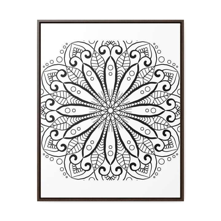 Beautiful black and white mandala handmade art on gallery canvas wraps, displayed in a vertical frame for elegant wall decor