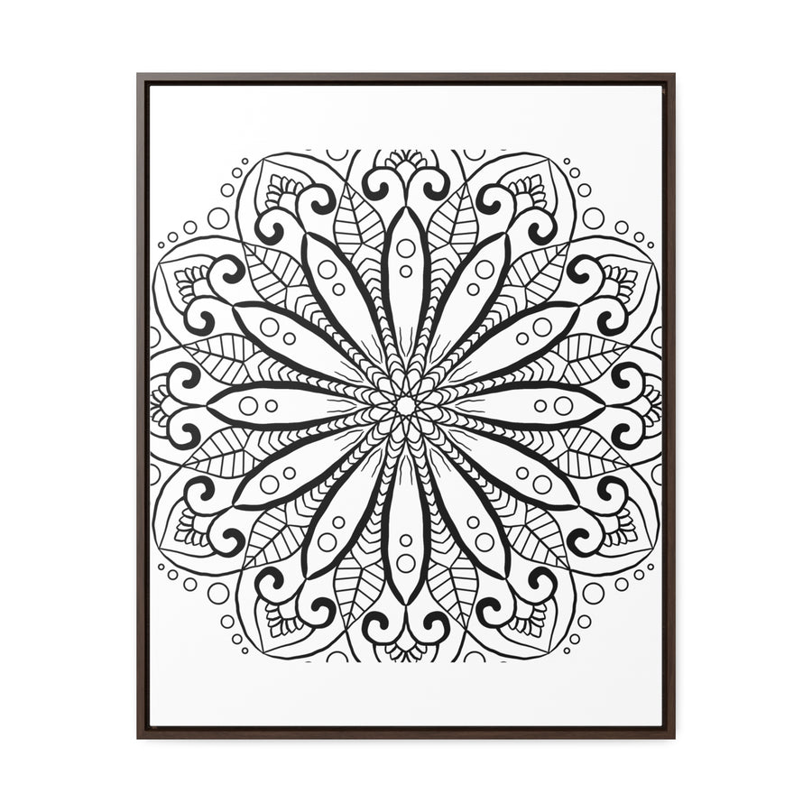 Beautiful black and white mandala handmade art on gallery canvas wraps, displayed in a vertical frame for elegant wall decor