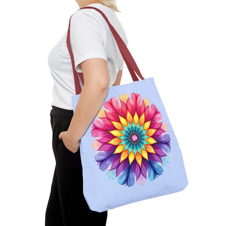 Colorful rainbow mandala tote bag with intricate design and durable fabric