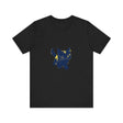A black cat with green eyes and a mischievous expression, wearing a playful and cute mystery-themed t-shirt
