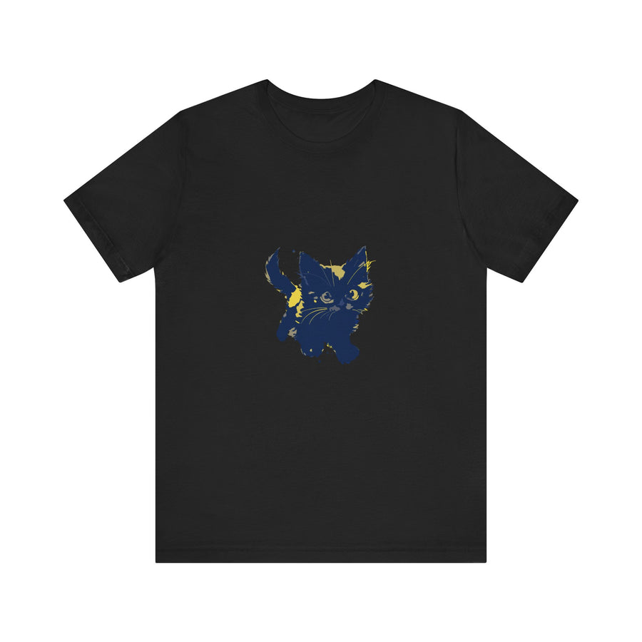 A black cat with green eyes and a mischievous expression, wearing a playful and cute mystery-themed t-shirt