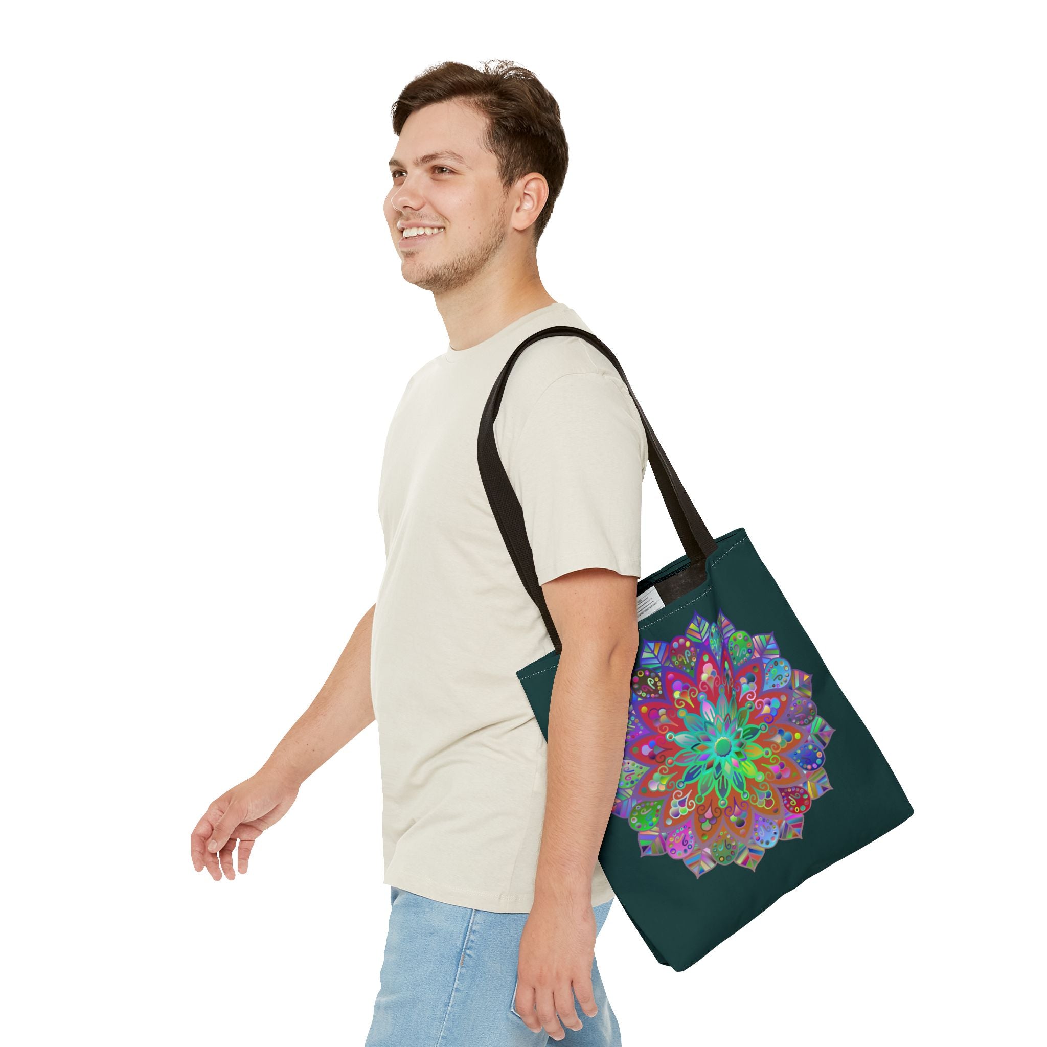 Vivid and detailed mandala design on dark green tote bag