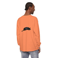 A cozy and comfortable unisex long sleeve t-shirt featuring a sleeping black cat design