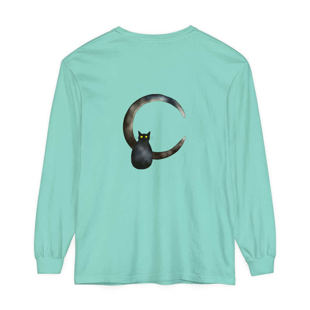 Black cat sitting on a crescent moon design graphic t-shirt