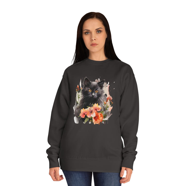 Black Cat and Blossoming Flowers Soft Cotton Sweatshirt