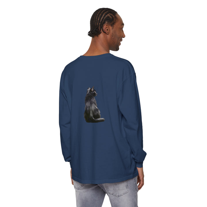 A black long sleeve t-shirt with a mystical cat design