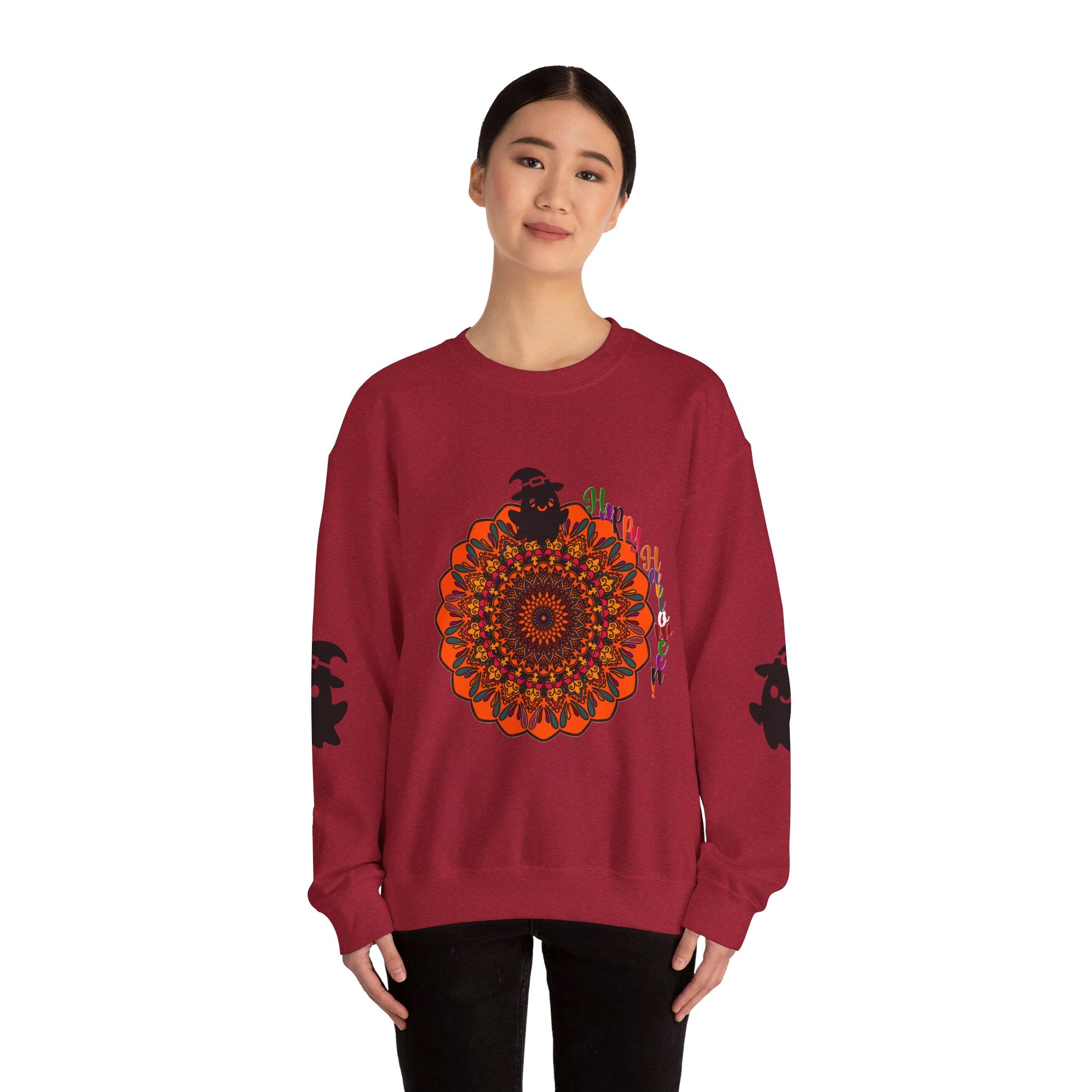 A cozy Unisex Heavy Blend™ Crewneck Sweatshirt featuring a Halloween-themed design with adorable ghosts, perfect for spooky season celebrations