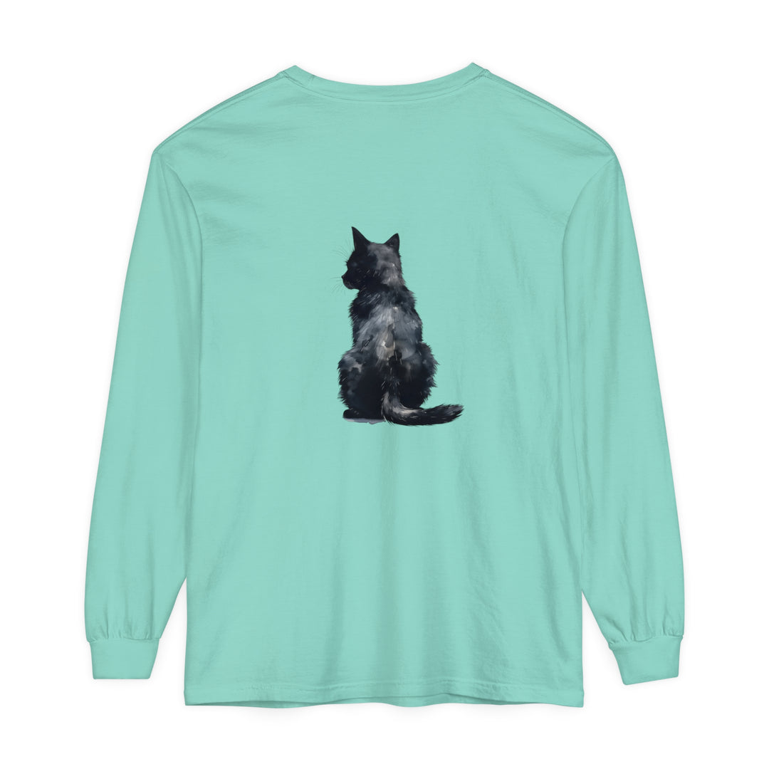 Black Cat Watercolor Long Sleeve T-Shirt with vibrant watercolor cat design