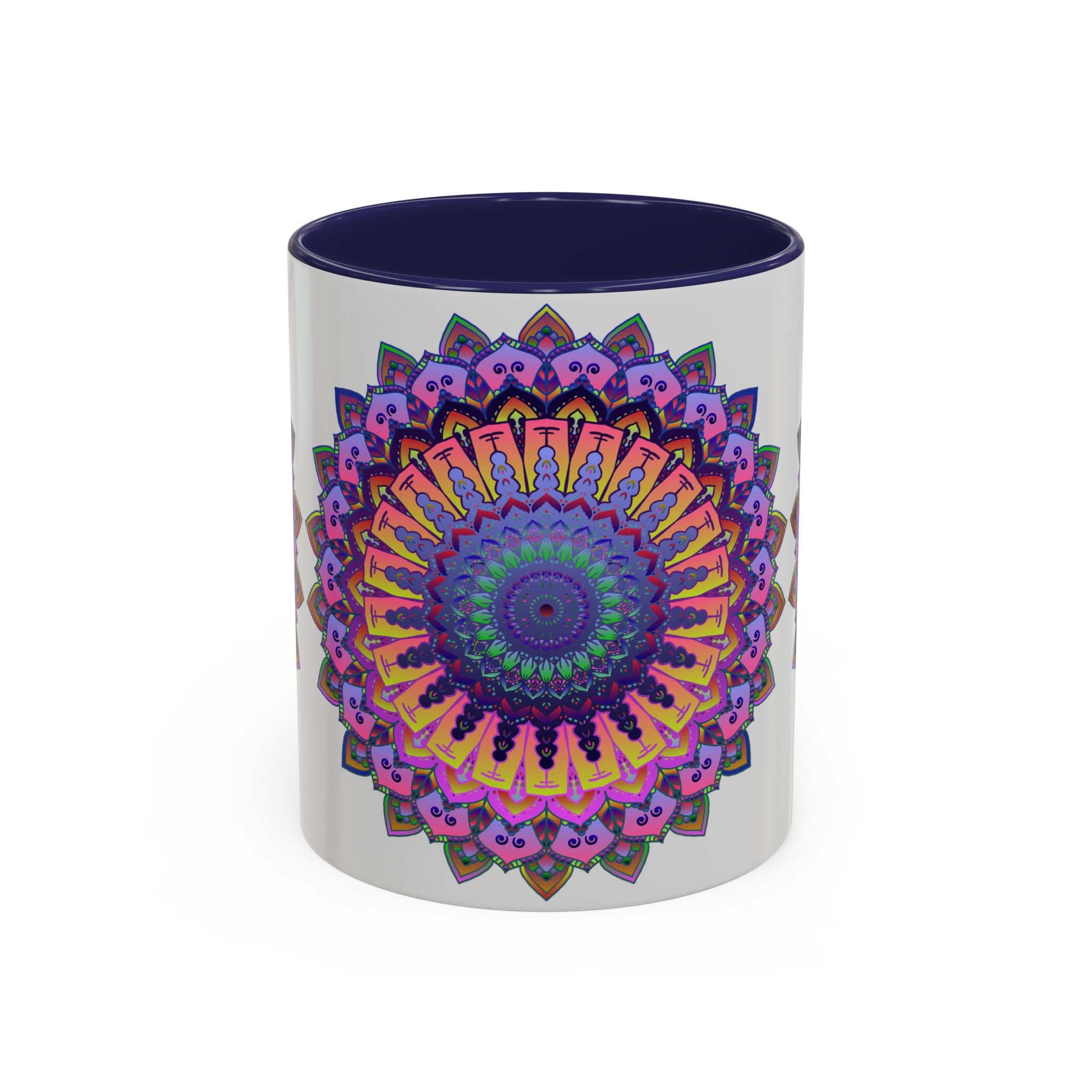 A close-up image of a beautiful mandala mug featuring vibrant and intricate art on a grey background