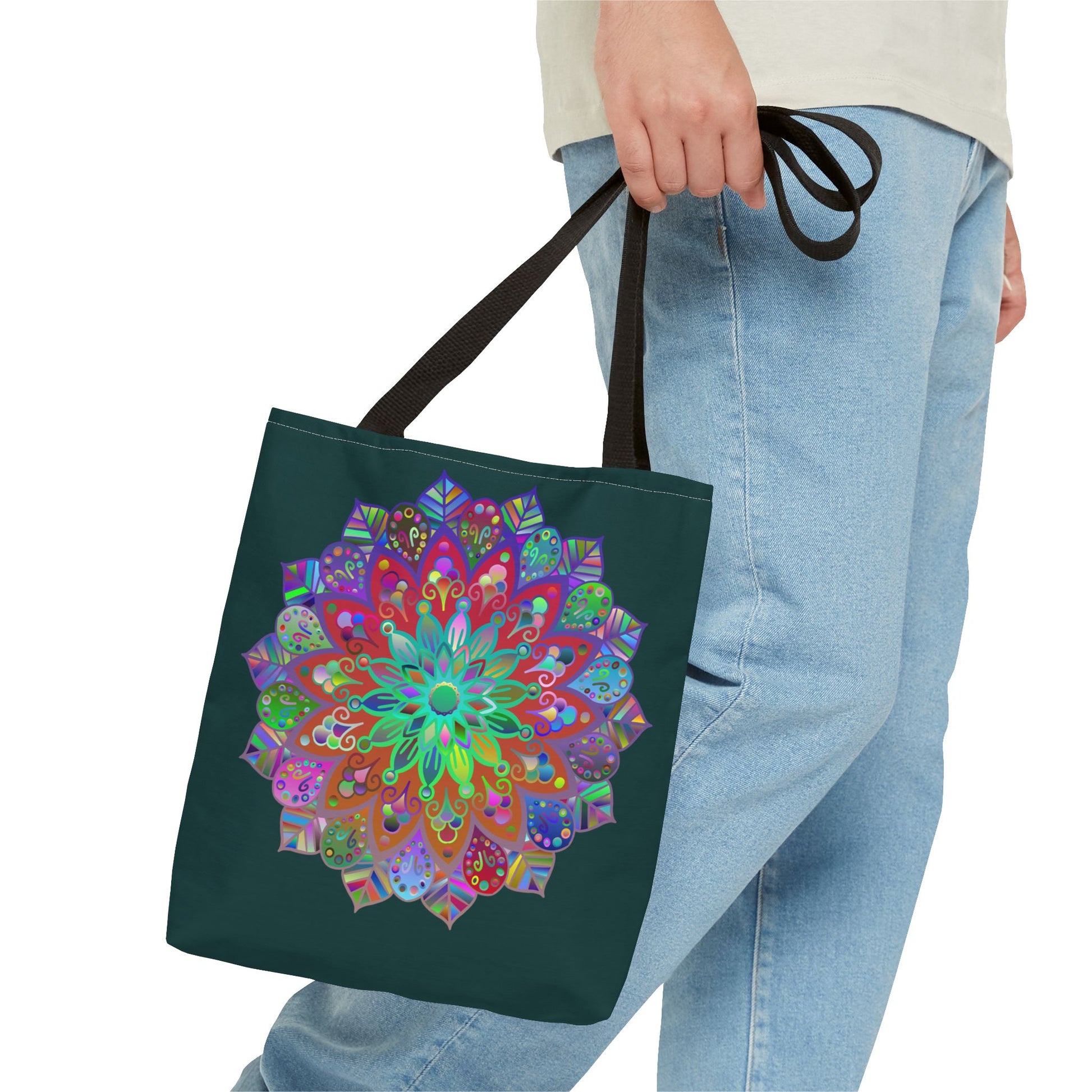 Dark green tote bag with colorful mandala design, perfect for carrying all your essentials in style