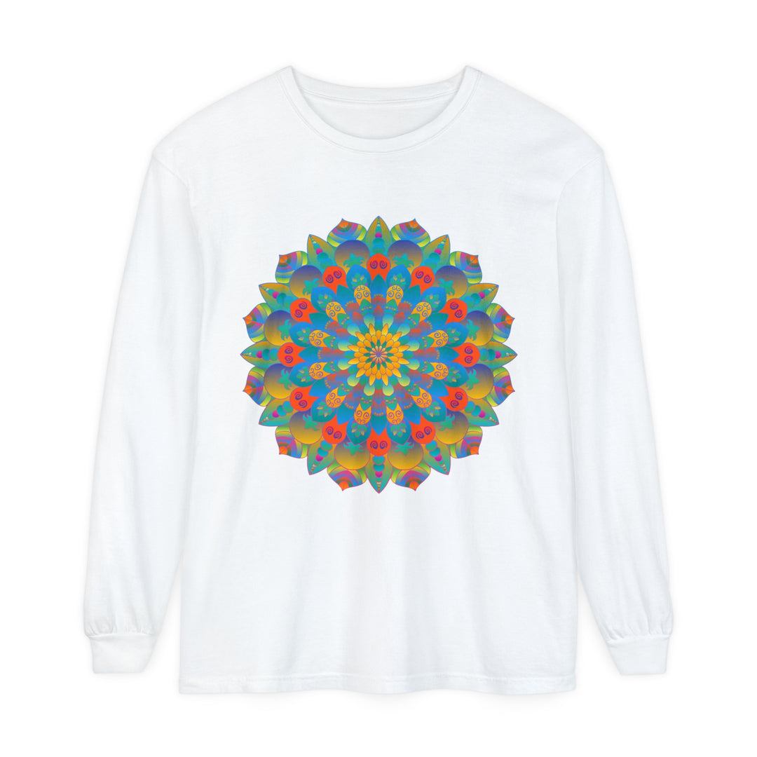 Colorful and intricate mandala design on a long sleeve unisex t-shirt