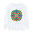 Colorful and intricate mandala design on a long sleeve unisex t-shirt