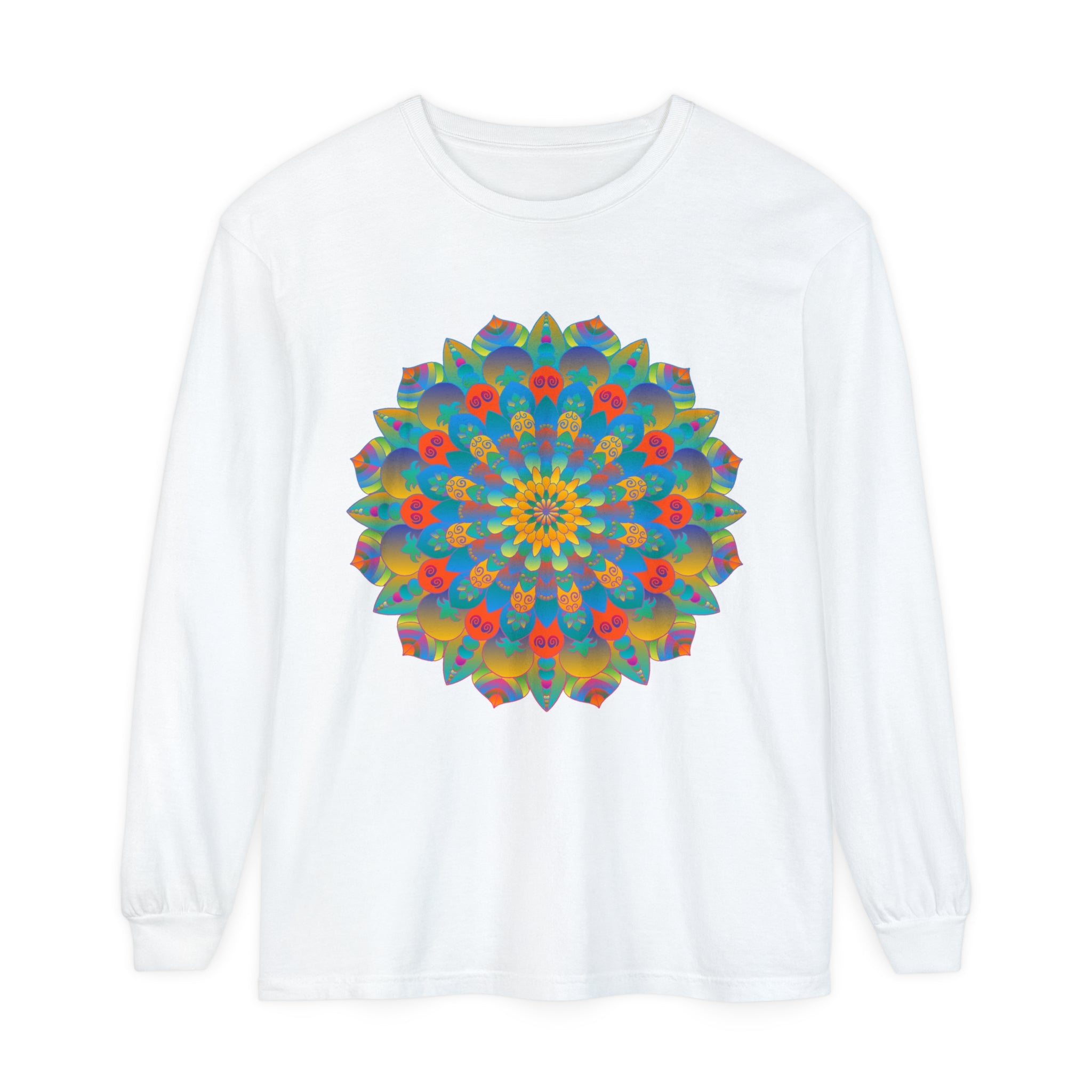 Colorful and intricate mandala design on a long sleeve unisex t-shirt