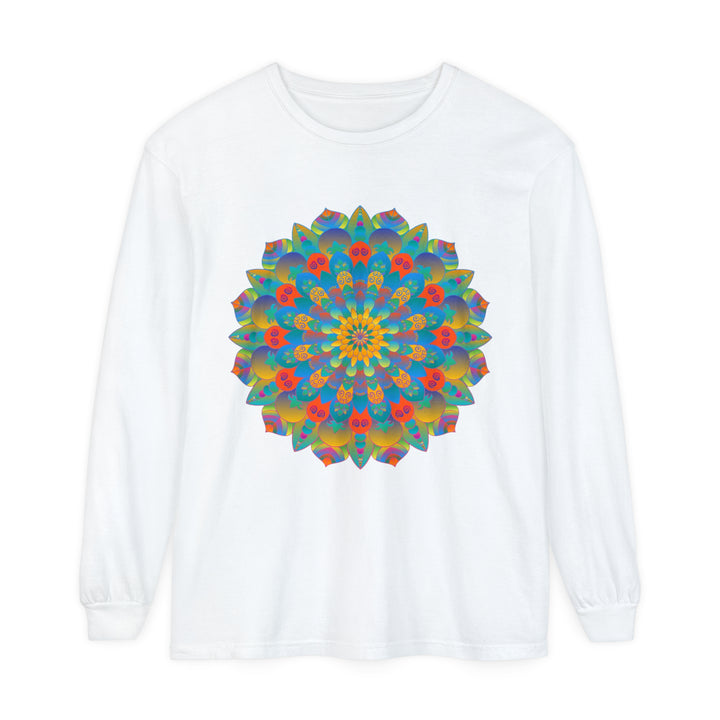 Colorful and intricate mandala design on a long sleeve unisex t-shirt