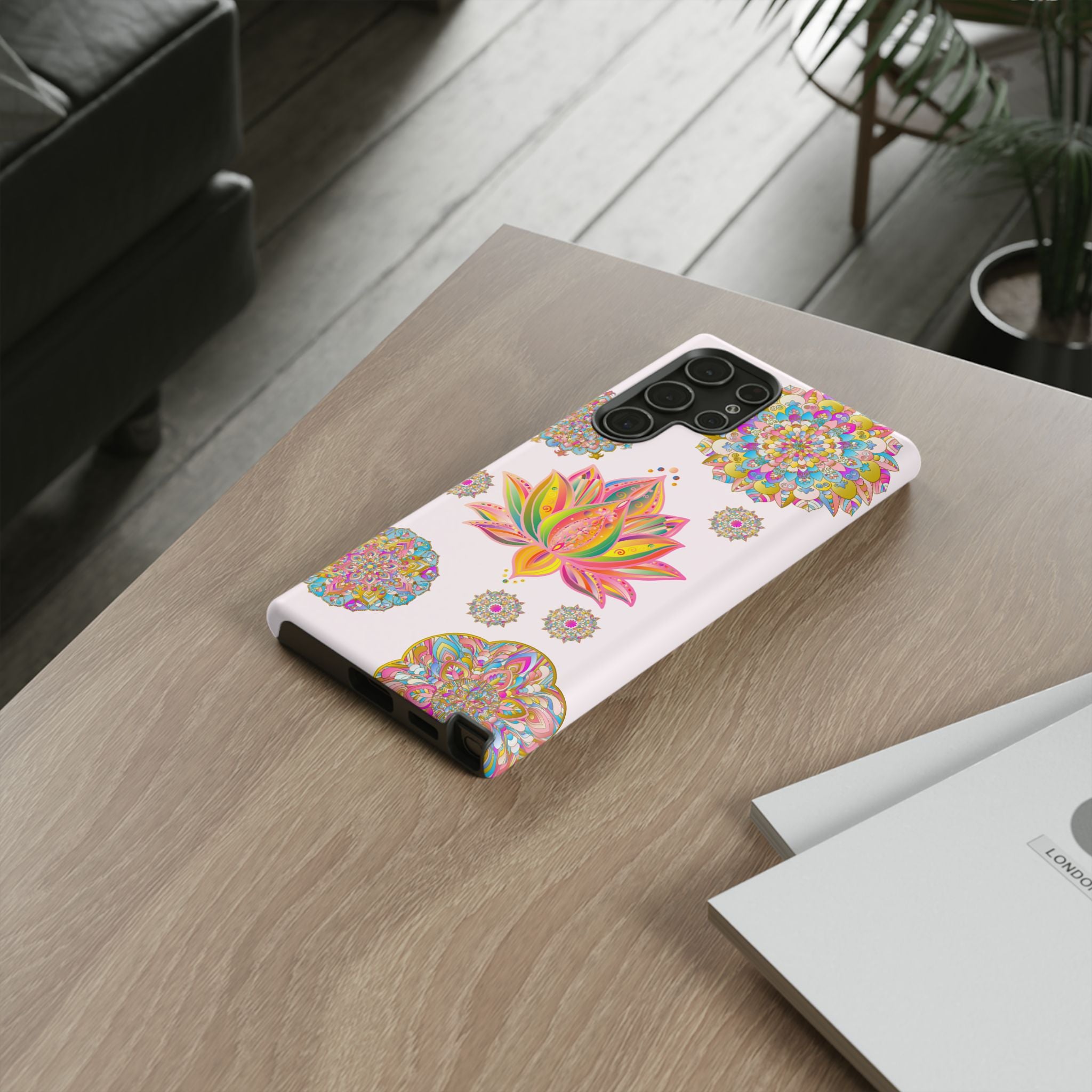 Light pink phone case with intricate mandala lotus flower design