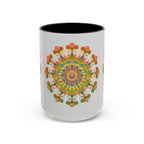 Colorful mandala art mug with intricate design, perfect for coffee or tea lovers