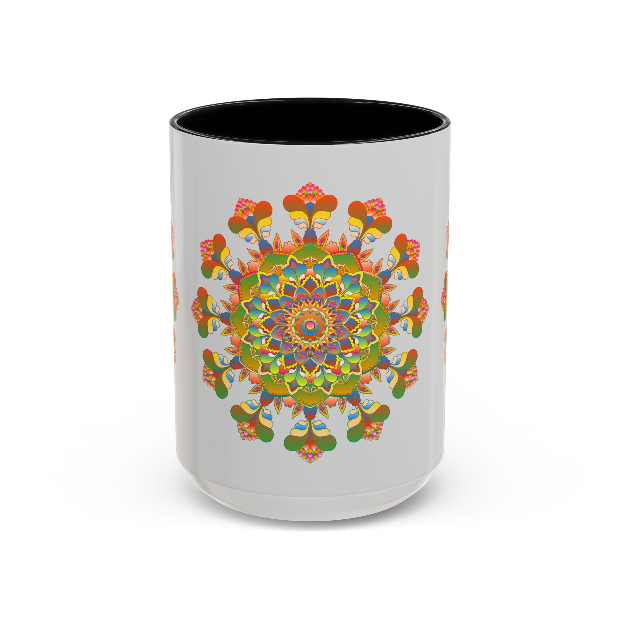 Colorful mandala art mug with intricate design, perfect for coffee or tea lovers