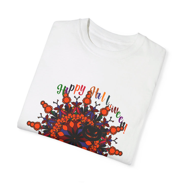 Handmade unisex Halloween Mandala T-shirt featuring intricate pumpkin mandala art on a garment-dyed tee