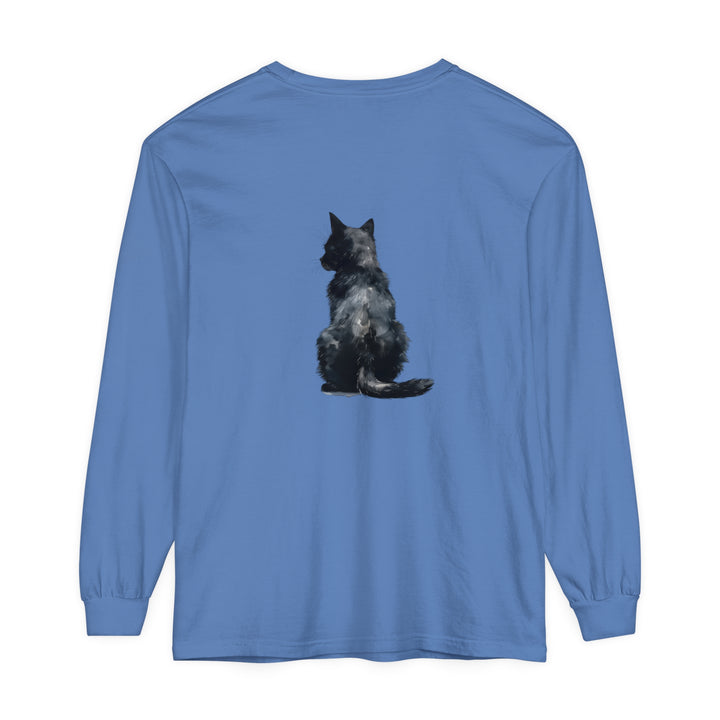 Black Cat Watercolor Long Sleeve T-Shirt with vibrant and detailed feline design