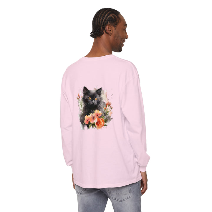 Beautiful watercolor illustration of a black cat surrounded by vibrant flowers on a t-shirt